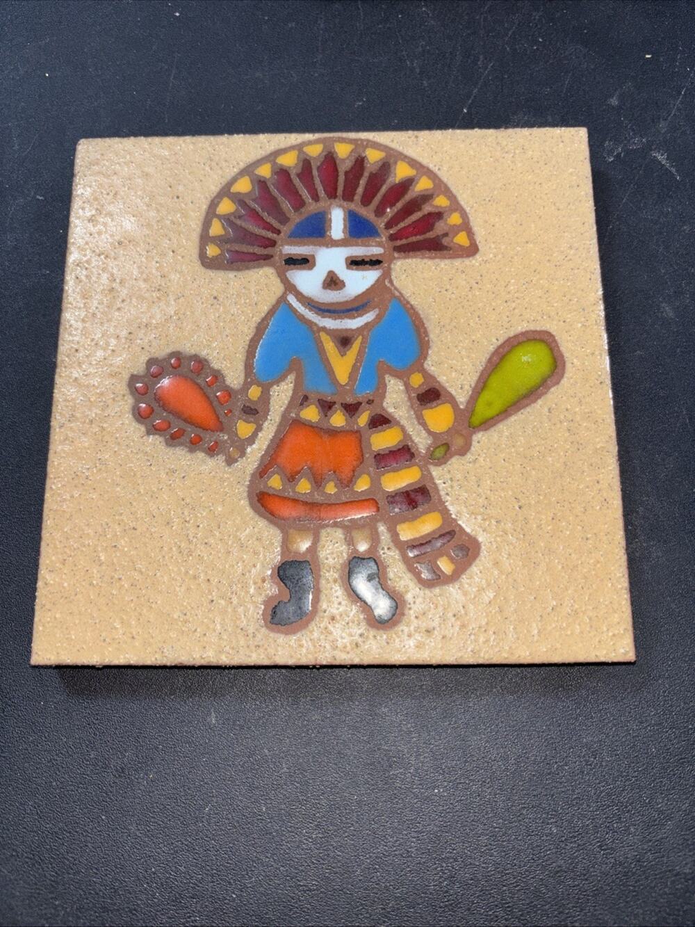 6" Vintage Mexico Territorial Tile Of Santa Fe Hand Painted, Shaman Trivet 1976
